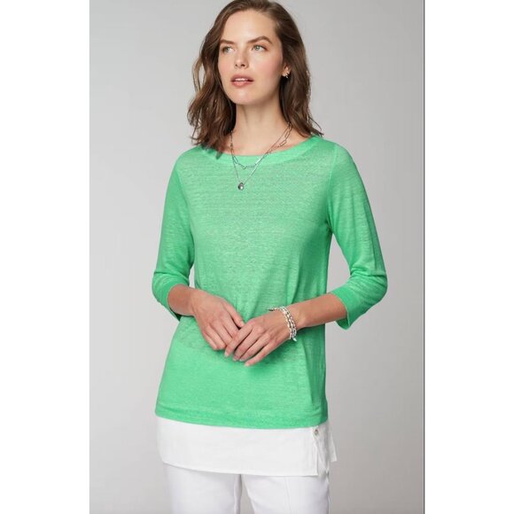 J Jill Womens Plus 2X Love Linen Green White Layered Look 3/4 Sleeve Tunic Top - Picture 1 of 10